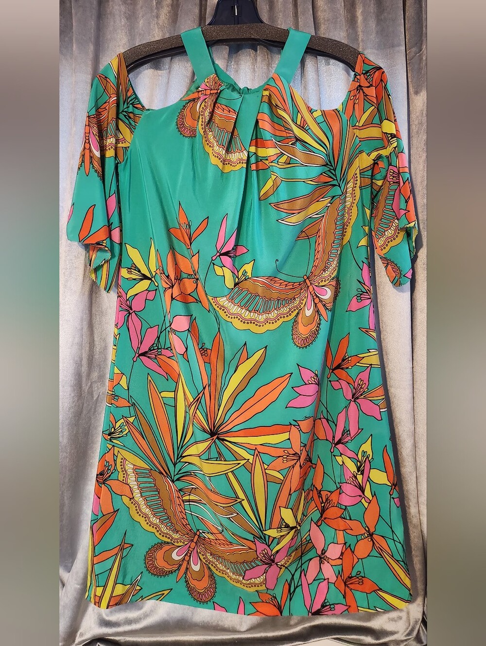 Trina Turk Teal Cold-Shoulder Mini Dress with Multicolor Floral Print